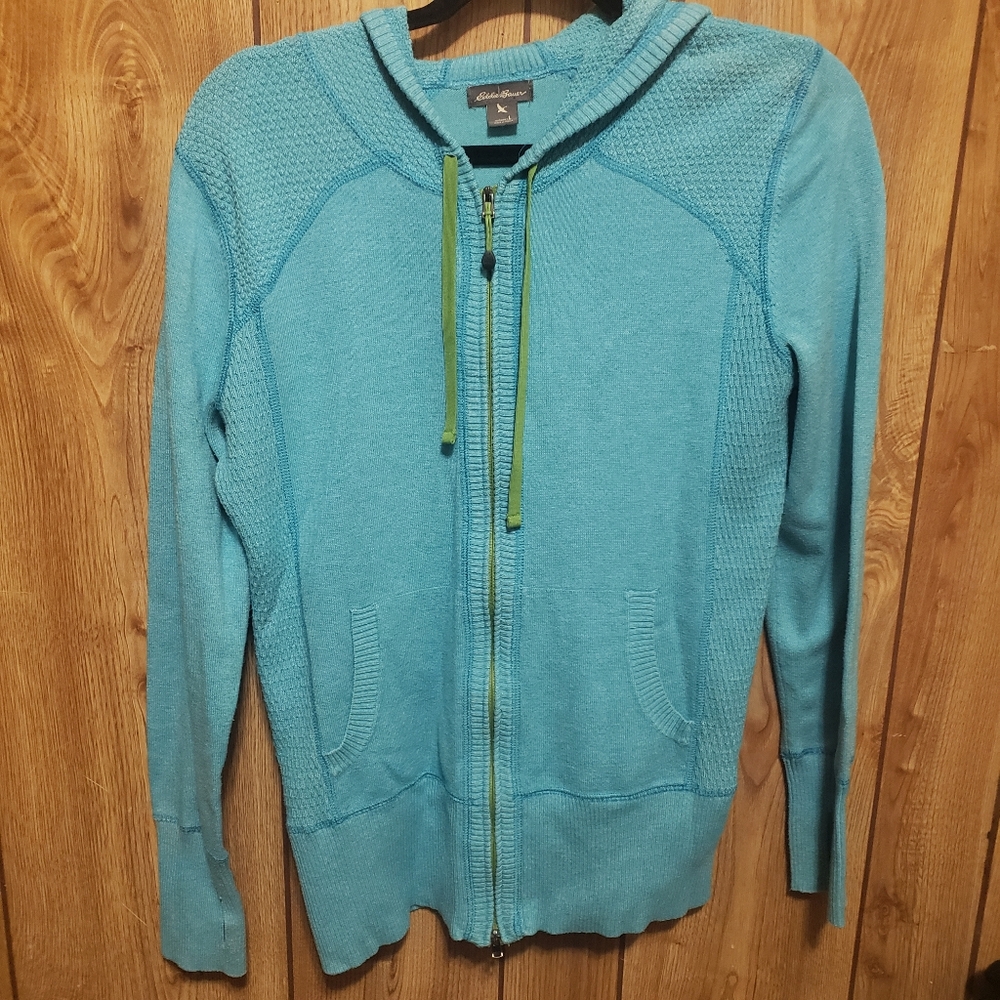 Eddie Bauer Hooded Sweater Women Lg Teal Blue Full Zip Thumb Hole Sleeves